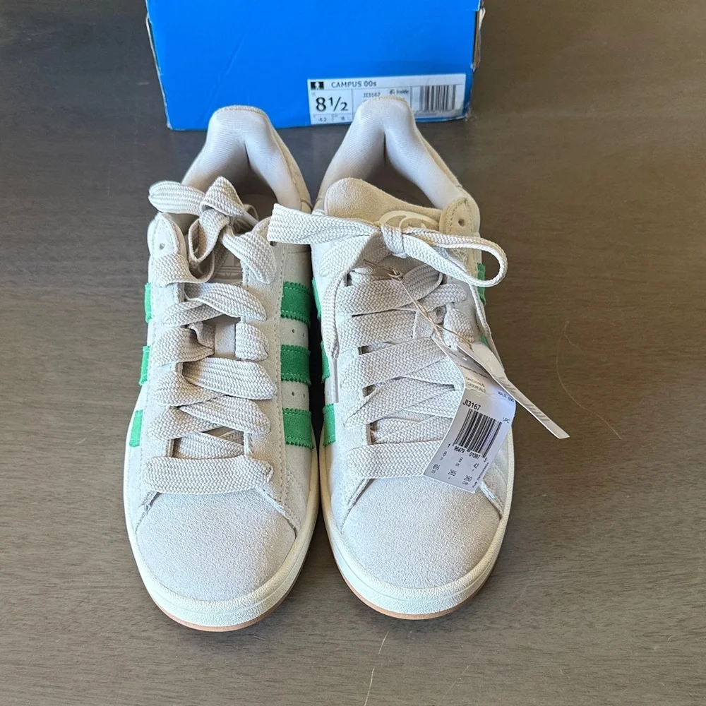 adidas Men’s Grey Suede Sneakers with Green Stripes